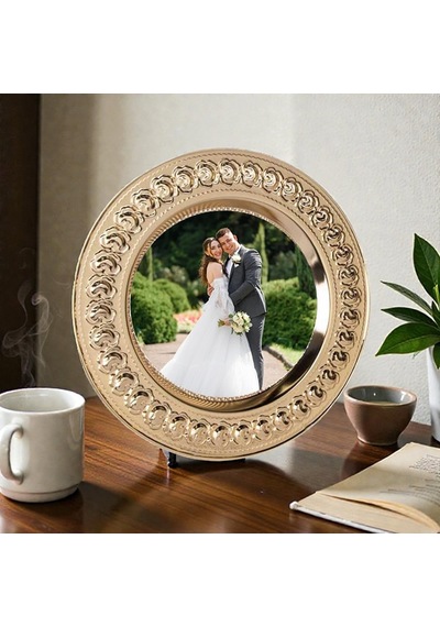 Kişiye Özel Fotoğraf Basklı Metal Tabak Plaket Gül Desenli Gold Ve Gümüş Renk 25 Cm