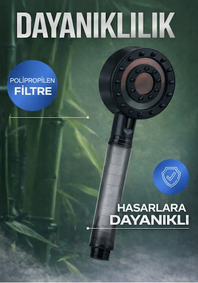 Filtreli Masajlı Duş Başlığı Su Arıtmalı, Klor Ve Kireç Önleyici, Yüksek Basınçlı Mat - Siyah