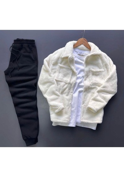 Meilifeng Peluş Hırka Ceket Ve Eşofman Alt Takım BEYAZ