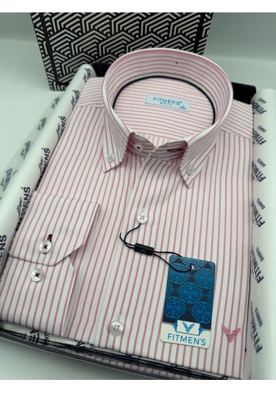 Slim Fit Uzun Kol Premium Çizgili Yaka Düğmeli Hediye Kutulu Erkek Gömlek Fs-004440 - Pembe-3177