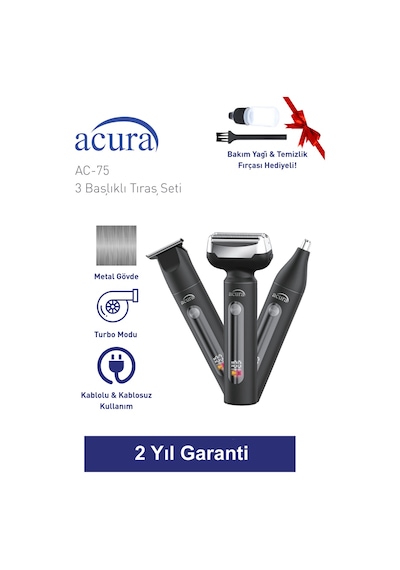 Acura Ac-75 3 Başlıklı Metal Gövdeli Tıraş Seti