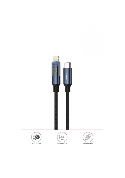 Torima U22 Type-c To Lightning 27 W Led Ekranlı Dayanıklı Örgü Hızlı Şarj Kablosu Siyah