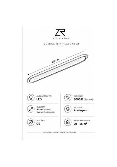 Antrasit 80x16 cm Oval Avize 3000K Sarı Işık Led Tavan Lambası