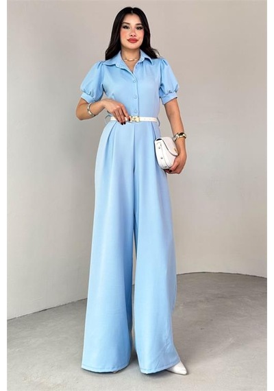 Neşeli Butik Kadın Gömlek Yaka Kemerli Geniş Paça Tulum Nbk4197 Mavi