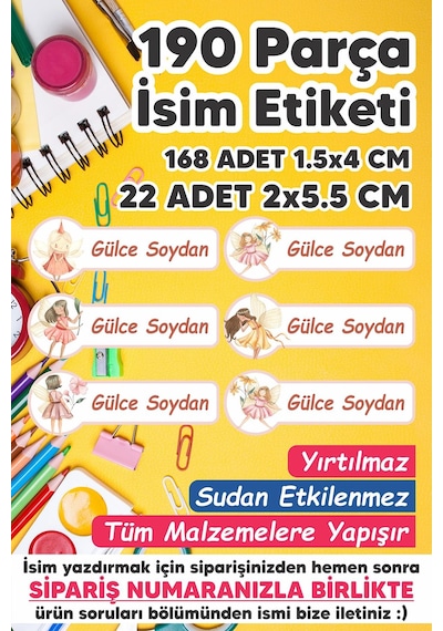 Okul Etiketi Kalem Defter Etiketi Peri Kızı Özel Isim Yazılabilen Etiket - 190 Adet