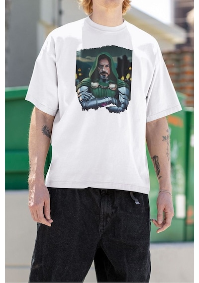 Doom Baskılı Unisex Tişört, Oversize Doctor Doomstay Marvel Karak Beyaz