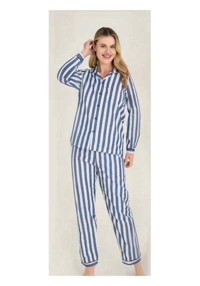 Moda Dua Freshness 4007 Kadın Uzun Kol Çizgili Gaffuriye Pijama Takımı mavi