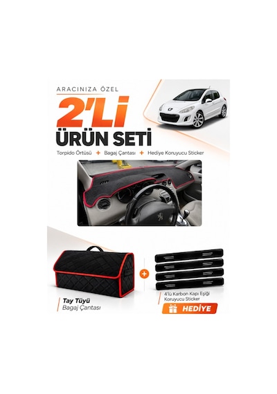 E-biz Peugeot 308 2008-2014 Uyumlu Torpido Örtüsü + Tay Tüyü Bagaj Çantası - Siyah-kırmızı - Pe013