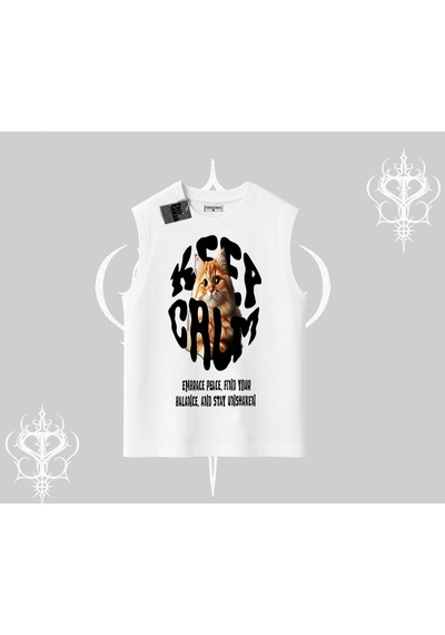 Startmore Startmore Keep Calm Yazılı Kedi Baskılı Streetwear Kolsuz Tshirt Beyaz
