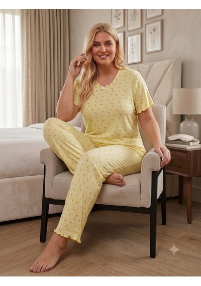 Büyük Beden Kısa Kol Pamuklu Ultrasoft Likralı Kapri Pijama Takımı 8624 Sarı