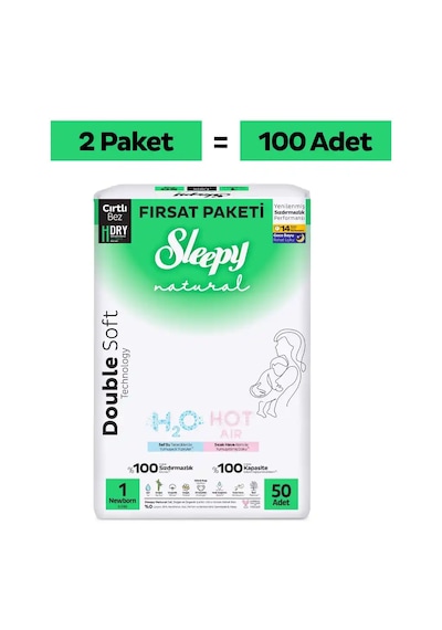 Sleepy Natural Double Soft Ultra Fırsat Paketi Bebek Bezi 1 Numara Newborn 100 Adet