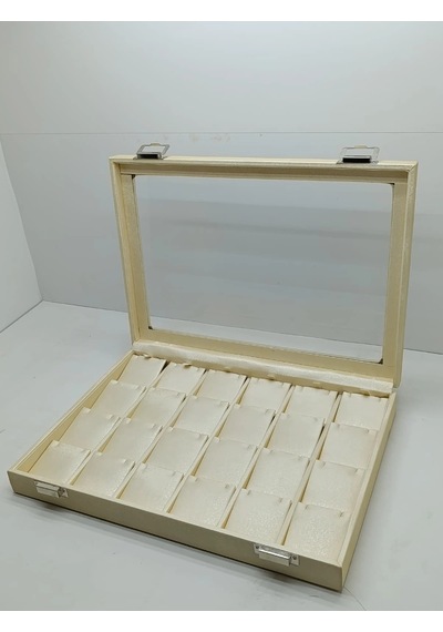 Yeni Cam Kapaklı Imera Deri Kumaş Krem Renk 34 Cm / 24 Cm 20 Bölmeli Küpe Sergileme Standı