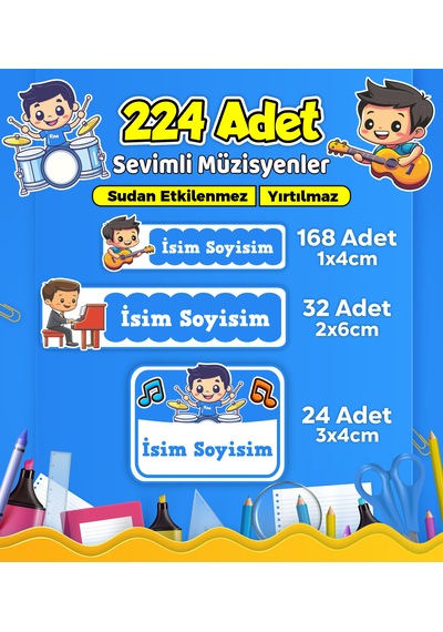 Sevimli Müzisyen Temalı Okul Kreş Kişiye Özel İsim Etiket Seti - Model 505 Çok Renkli