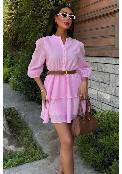Lijuri Deri Kemerli Fırfırlı Elbise 2901 R8-c-k5 Pembe