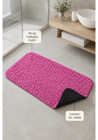 Kaymaz Jel Tabanlı Yıkanabilir Peluş Yumuşak Dokulu Dekoratif Tekli Banyo Paspası 60x100 Cm Pembe