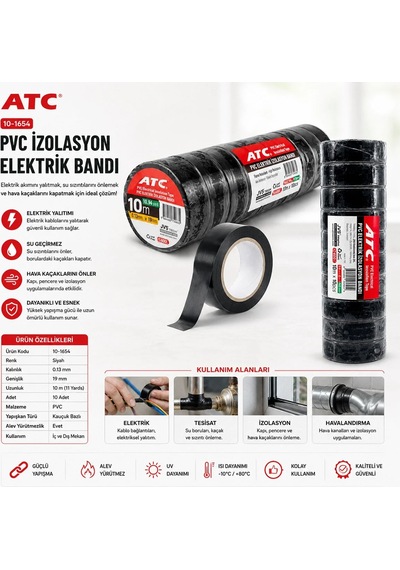 Lb 10 Adet Lüx Siyah Pvc İzolasyon Elektrik Bandı 0.13x19x11yds 10mm - 1 Paket Gönderilir - 1 Paket İçinde 10 Adet Bant Vardır