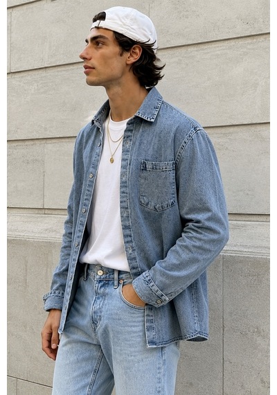 Tarz Cool Erkek Regular Denim Gömlek Yıkamalı Kot Uzun Kollu Cepli Jean Gömlek Mavi