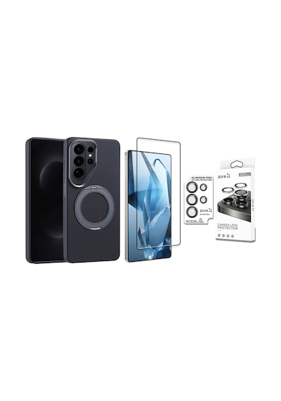 Vendas Galaxy Uyumlu  S26 Ultra Karbon Fiber Görünümlü Zore Standlı Troy Kapak + Safir Lens + Ekran Koruyucu Siyah