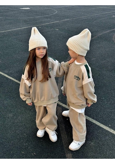 Magu Unisex Çocuk Kışlık Chons Sloganlı Pamuklu Sweatshirt Eşofman Alt-üst Takım Karışık Çok Renkli