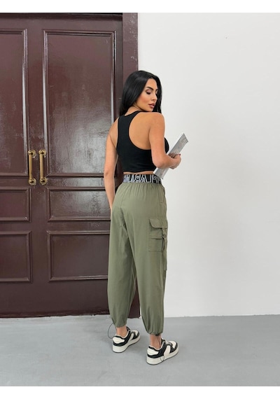 Zeo Basic Paraşüt Kumaş Beyaz Kargo Pantolon Bel Yazılı Lastikli Ve Paça Lastikli Haki