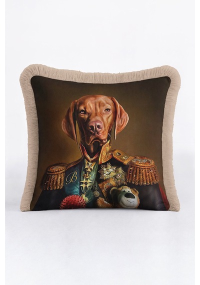 General Portre Köpek Saçaklı Yastık Kılıfı-hayvan Portreli Kahverengi Krem Püsküllü Kırlent Kılıfı Çok Renkli