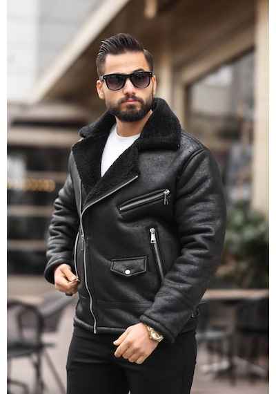 Erkek Biker İçi Kürüklü Ceket/mont Siyah Siyah Biker