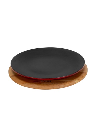 Lava Döküm Yuvarlak Servis Tabağı Ve Kayın Servis Ahşabı. Çap Ø 21cm.-bordo Bordo