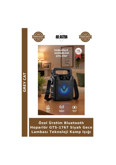 Özel Üretim Bluetooth Hoparlör Gts-1767 Siyah Gece Lambası Teknoloji Kamp Işığı