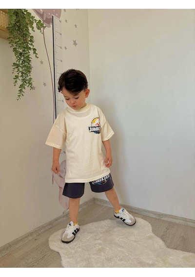 Miniko Kids Erkek Çocuk Jurassic Park Pamuk Şortlu Takım Ekru