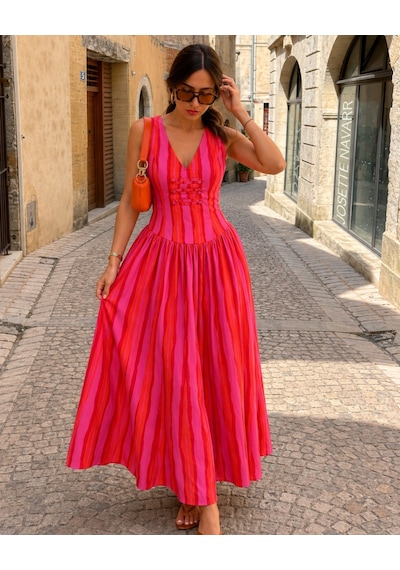 Asurboutique Asur Butik Kadın Fuşya Pembe Çizgili V Yaka Midi Elbise Kolsuz Yazlık Günlük Şık Elbise