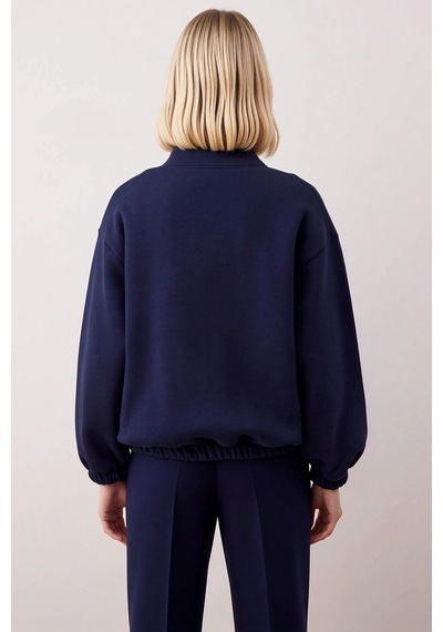 Benerly Kadın Bisiklet Yaka Düşük Kol Fermuarlı Oversize Kalın Örme Sweat Lacivert