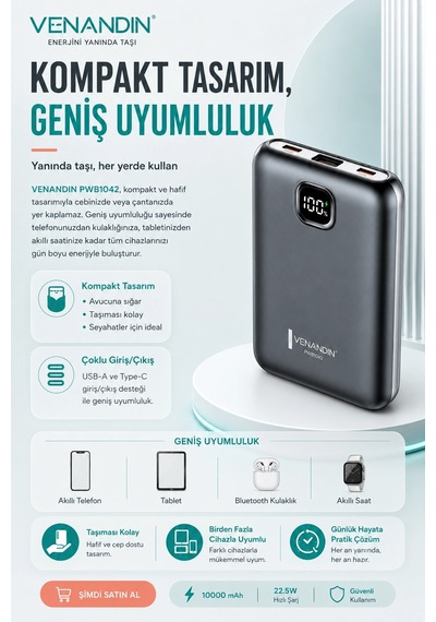 22.5w Hızlı Şarj Özellikli 10000 Mah Kapasiteli Kompakt Powerbank Çok Renkli