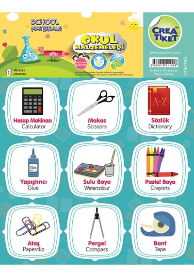 Creatiket Eğitici Çıkartma Ingilizce Türkçe Okul Malzemeleri Çok Renkli