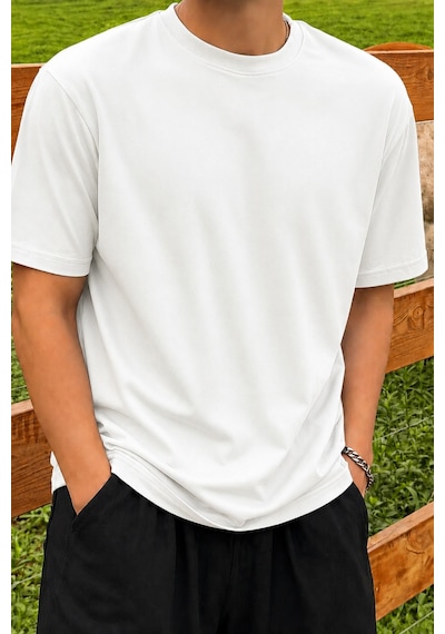 Tarz Cool Erkek Regular Fit Bisiklet Yaka Basic Tişört 2 İplik Şardonsuz %100 Pamuk Günlük Rahat T-shirt Beyaz