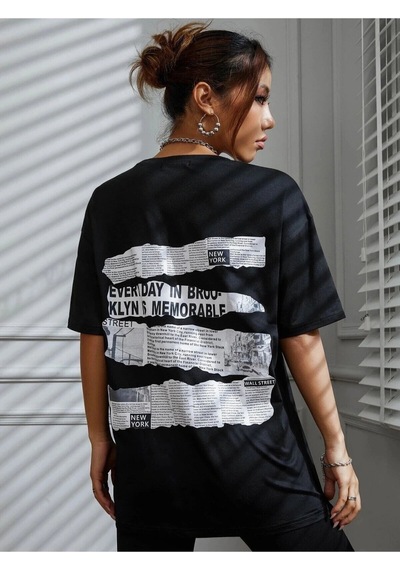 Tarzsokak Brooklyn Slogan Baskılı Gazete Desenli Oversize Siyah