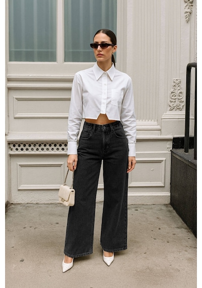 Kadın Siyah Yüksek Bel Wide Leg Jean Pantolon Siyah