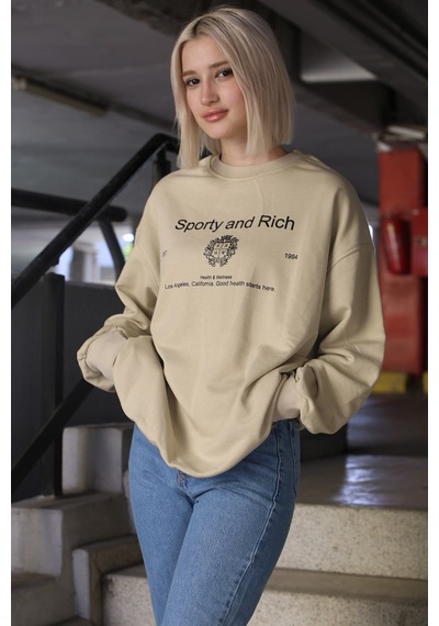 Bej Bisiklet Yaka Baskılı Oversize Kadın Sweatshirt Mg1577