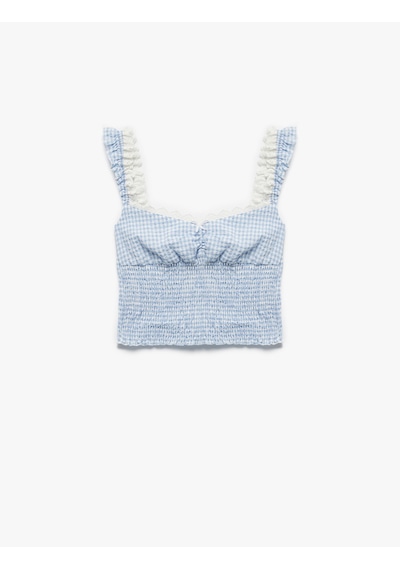 Koton Dantelli Balerin Yaka Gipeli Pötikareli Kolsuz Crop Bluz Mavi Ekose 5sal60164ıw Mavi Ekoseli