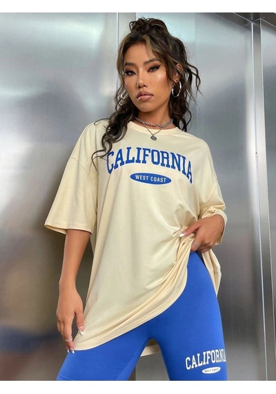 Flood Of Style Kadın Ekru Calıfornıa Baskılı Bisiklet Yaka Tshirt
