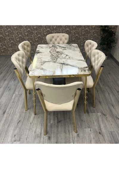 80-120 Ck Gold Mutfak Masası Takımları , 6 Kişilik Mutfak Masası Takımı Beyaz Mermer 80-120 Ck Gold Mutfak Masası Takımları , 6 Kişilik Mutfak Masası Takımı Beyaz Mermer