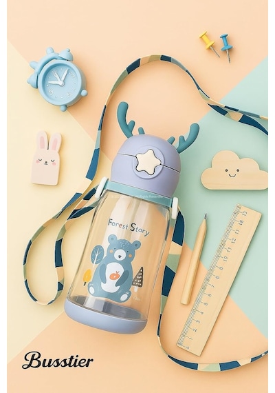 Lexroo Geyik Figürlü Pipetli Su Matarası 700 Ml Askılı Sticker Hediyeli Çocuk Suluk Gıda Sınıfı Çok Renkli