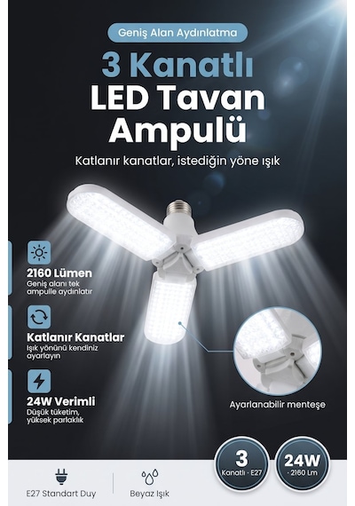 3 Kanatlı Katlanır Led Ampul Kristal Desenli Dekoratif Pervane Formlu E27