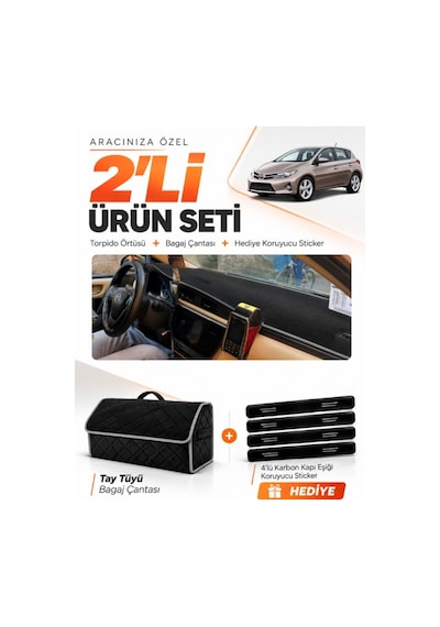 Toyota Aurıs E180 2012-2018 Uyumlu Torpido Örtüsü + Tay Tüyü Bagaj Çantası + Sticker - Siyah Gri