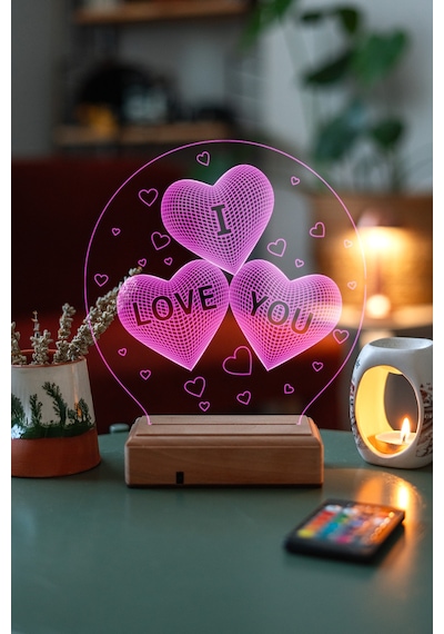 Sevgiliye 3 Kalp I Love You 16 Renk Kumandalı 3d Gece Lambası Çok Renkli
