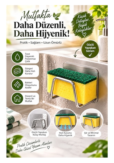 2 Adet Paslanmaz Bulaşık Süngeri Tutucu Yapışkanlı Askılık Pratik Mutfak Düzenleyici
