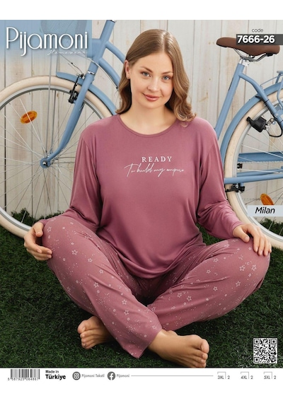 Pijamoni Kadın Milan Büyük Beden Bisiklet Yaka Uzun Kol İnce Pijama Takımı 7666/26 - 1 Adet Gülkurusu Pijamoni Kadın Milan Büyük Beden Bisiklet Yaka Uzun Kol İnce Pijama Takımı 7666/26 - 1 Adet Gülkurusu