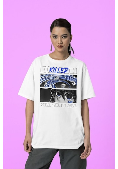 Demon Killer Kill Them All Baskılı Unisex Anime Karakter Tişört Beyaz