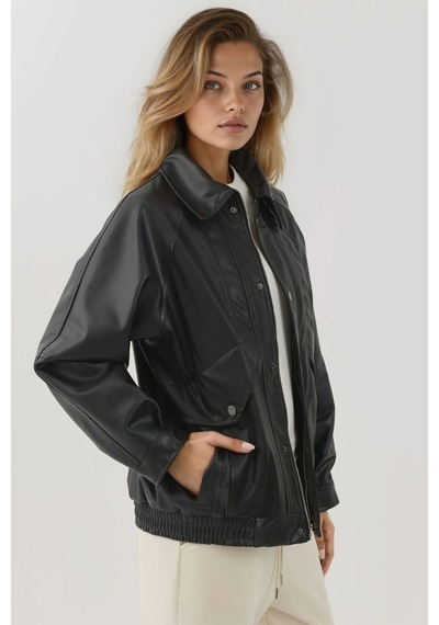 Hiccup Cep Detaylı Oversized Suni Deri Ceket Siyah