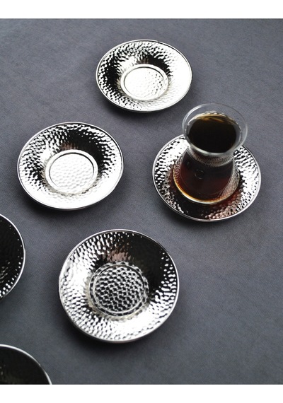 Qualitev 6 Adet Metal Çay Tabağı Dövme Desenli Çay Tabak 10 Cm Gümüş