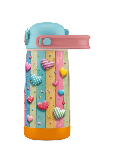 Puccon 420 Ml Turkuaz Pembe Kız Çocuk Kalp Desenli Çelik Matara - 60012